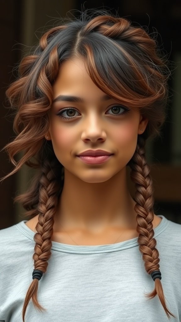 A person with knotless braids featuring curly ends and side-swept bangs.