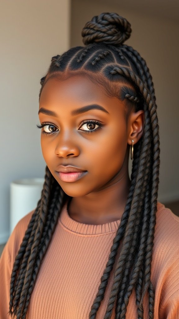 A young woman with knotless braids styled in a bun, featuring curly ends.