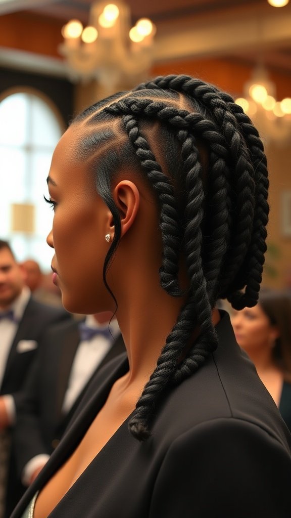 A woman with knotless braids styled with curly ends, dressed elegantly for a special occasion.