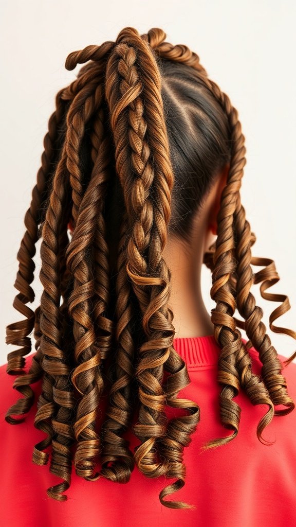 A stylish ponytail featuring knotless braids with curly ends, showcasing a playful and elegant hairstyle.