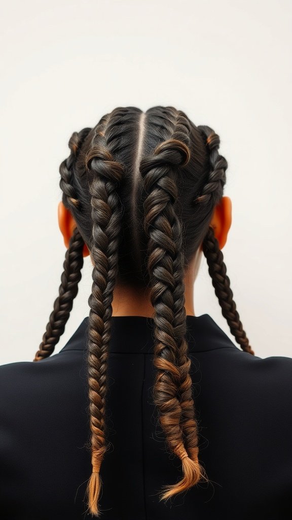 A woman with knotless braids tucked behind her ears, featuring curly ends.