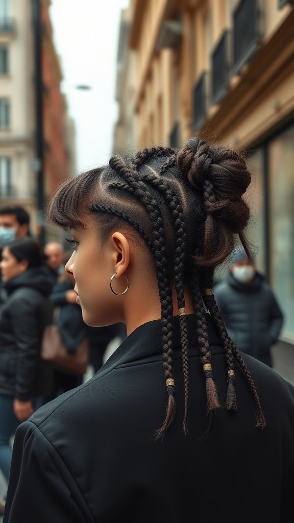 A woman with knotless braids styled with curly ends, showcasing a trendy hairstyle.