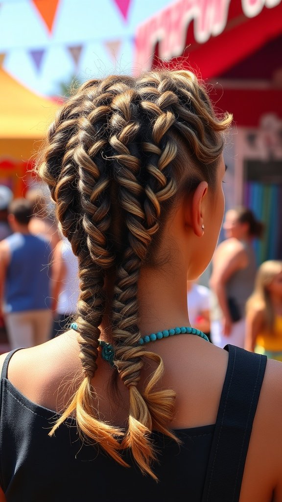 A person with knotless braids styled with curly ends, showcasing a vibrant hairstyle.