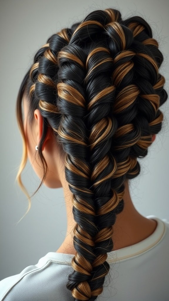 A close-up view of a woman's knotless braids with defined curls and highlights.
