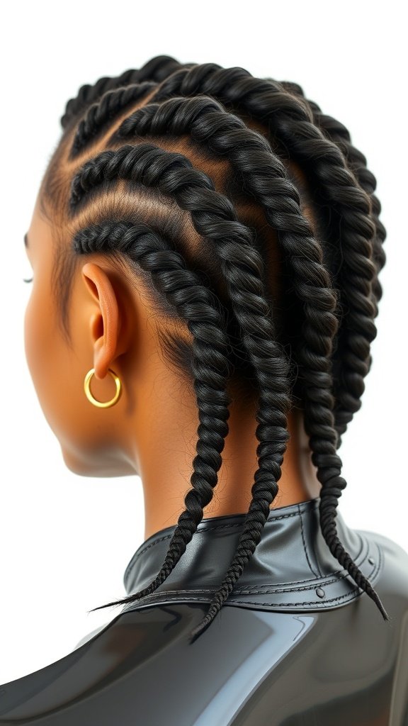 A close-up view of knotless braids styled with defined curls at the ends, showcasing shine and texture.