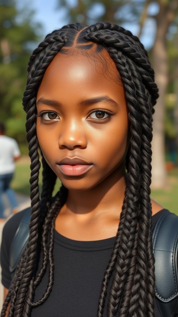 A close-up of a person with knotless braids and defined curly ends, showcasing a stylish hairstyle.