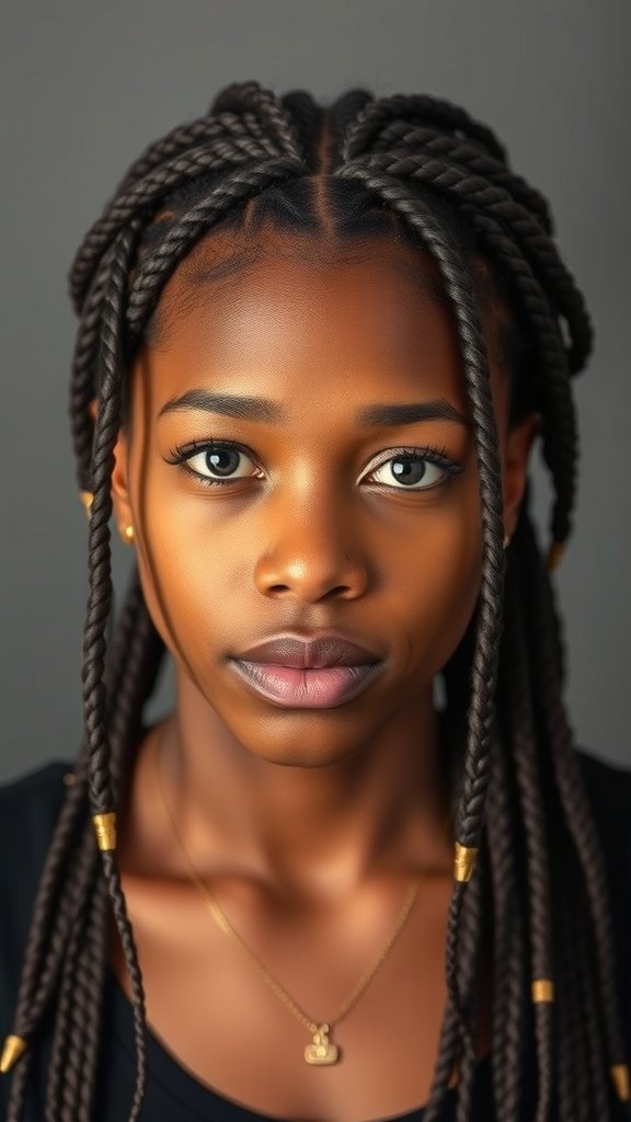 A close-up of a person with knotless braids featuring dreadlock accents, showcasing a stylish and elegant hairstyle.