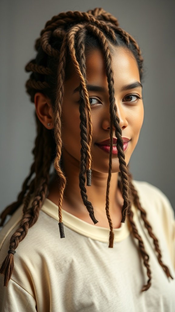A woman with knotless braids styled with dreadlock inspiration, showcasing a unique and chic hairstyle.