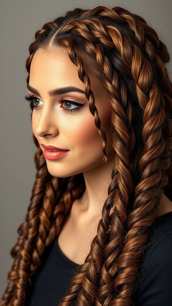 A woman with knotless braids that transition into curly ends, showcasing a stylish hairstyle.