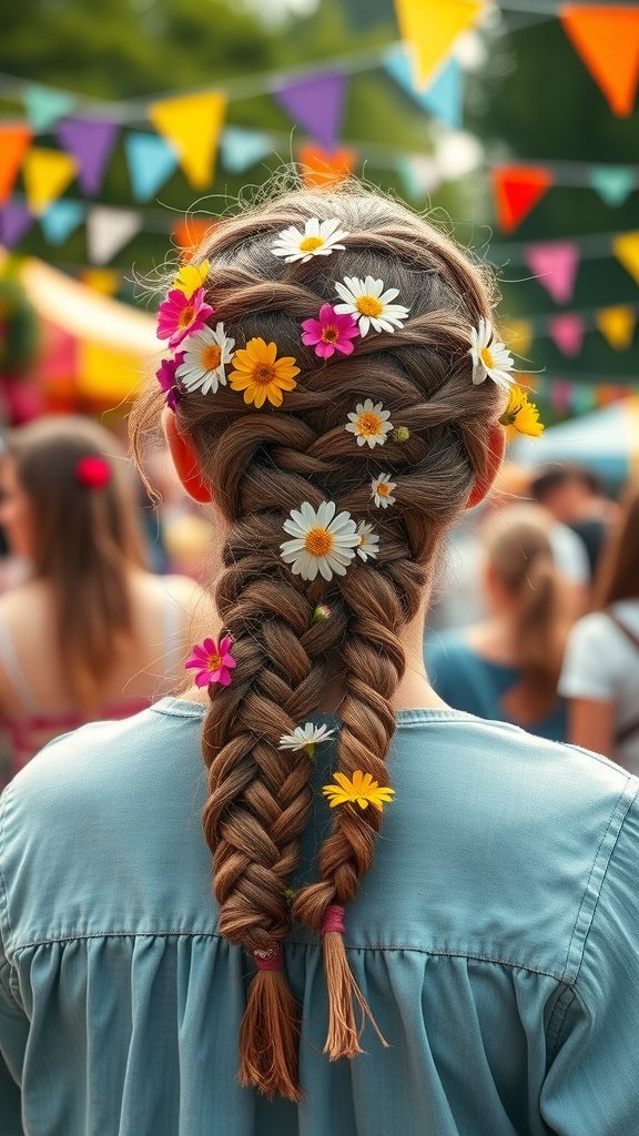 A person with knotless braids adorned with colorful flowers, set against a festive background.