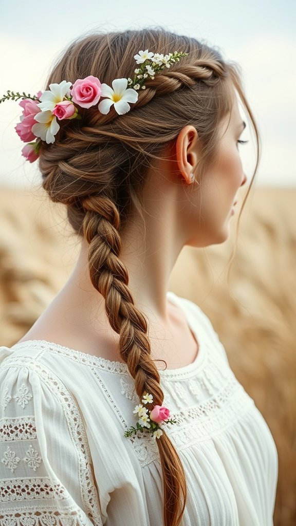 A woman with knotless braids adorned with pink and white floral accessories.