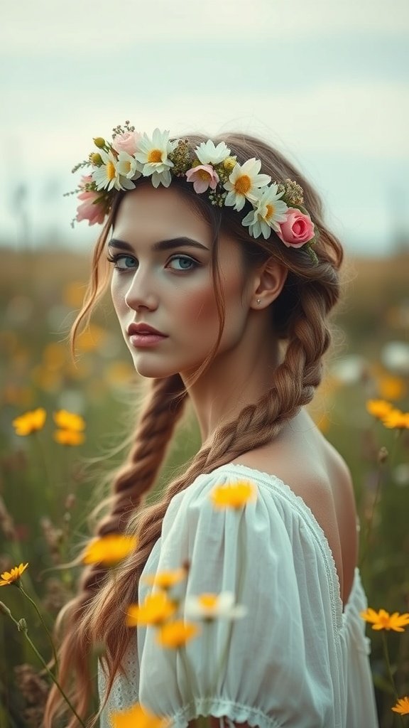 A woman with knotless braids and a floral crown in a field of flowers.