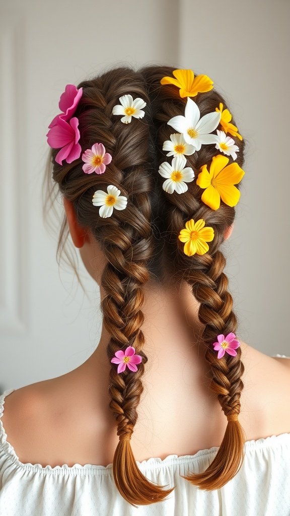 Medium knotless braids with colorful floral hair accessories