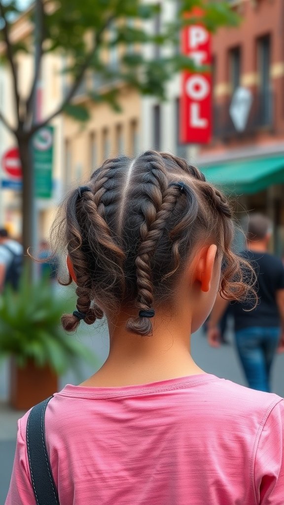 A girl with short knotless braids and fluffy curly ends, seen from the back in a city setting.