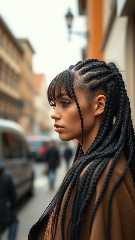 A woman with knotless braids and fringe, showcasing a stylish hairstyle in an urban setting.