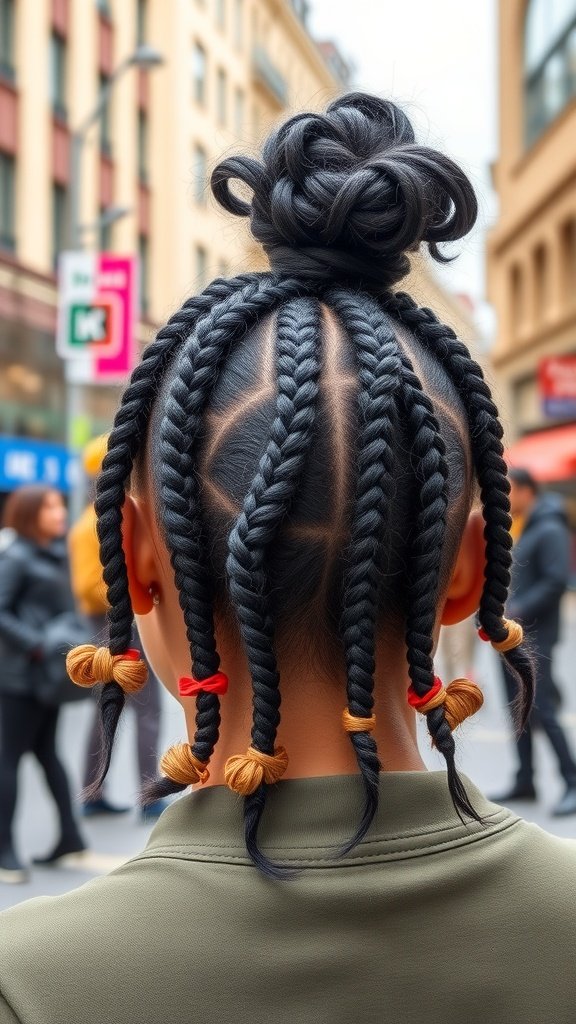 A person with knotless braids styled with curly ends and colorful accessories.