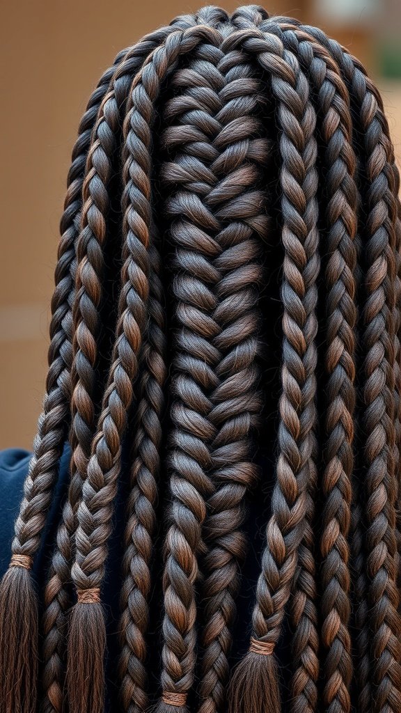 A close-up view of knotless braids styled in geometric patterns, showcasing intricate designs and a modern aesthetic.