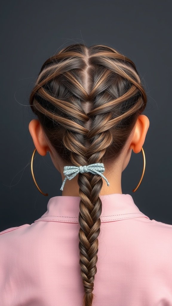 A close-up view of a person's back with knotless braids styled in geometric shapes, featuring a bow at the end.