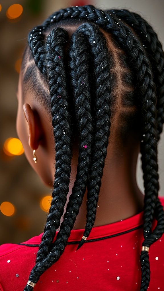 A close-up of knotless box braids adorned with glitter, showcasing a stylish hairstyle.