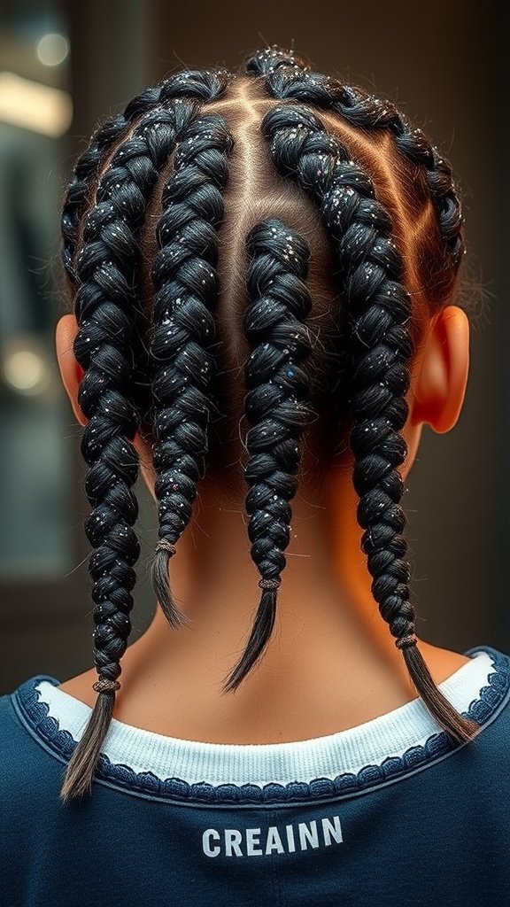 A close-up view of knotless braids with glitter, showcasing a stylish hairstyle.