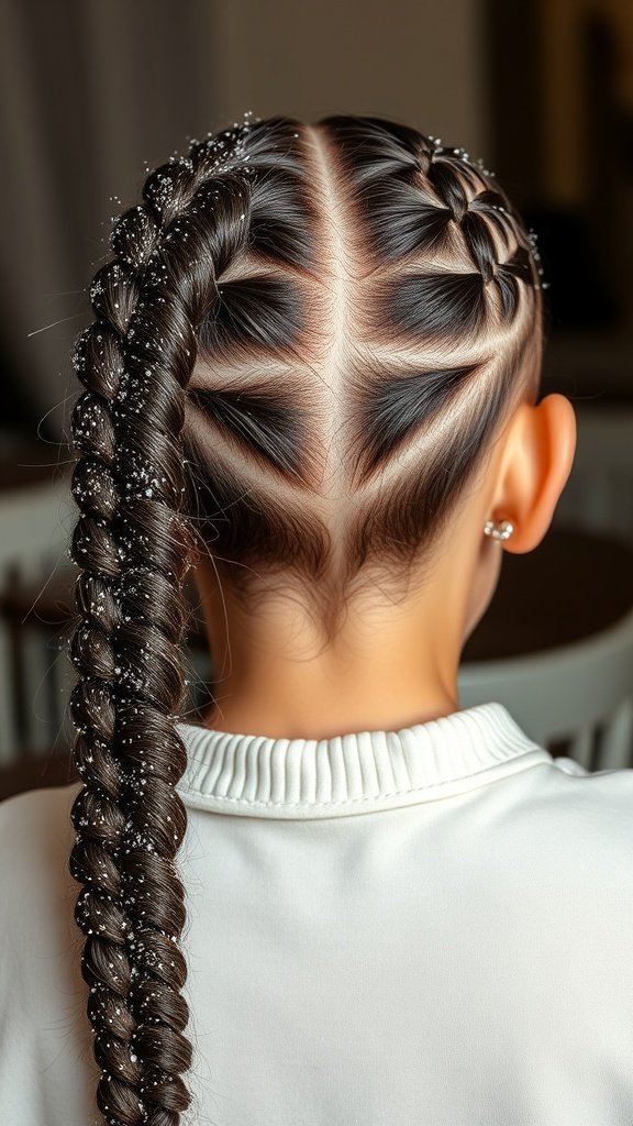 A close-up view of knotless braids styled with glitter, showcasing intricate patterns and a shiny finish.
