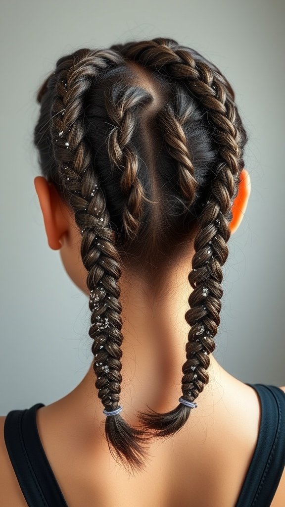 Back view of a person with two knotless braids decorated with glitter accents.