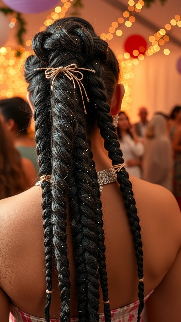 A person with long knotless braids adorned with glitter accents, showcasing a stylish hairstyle.