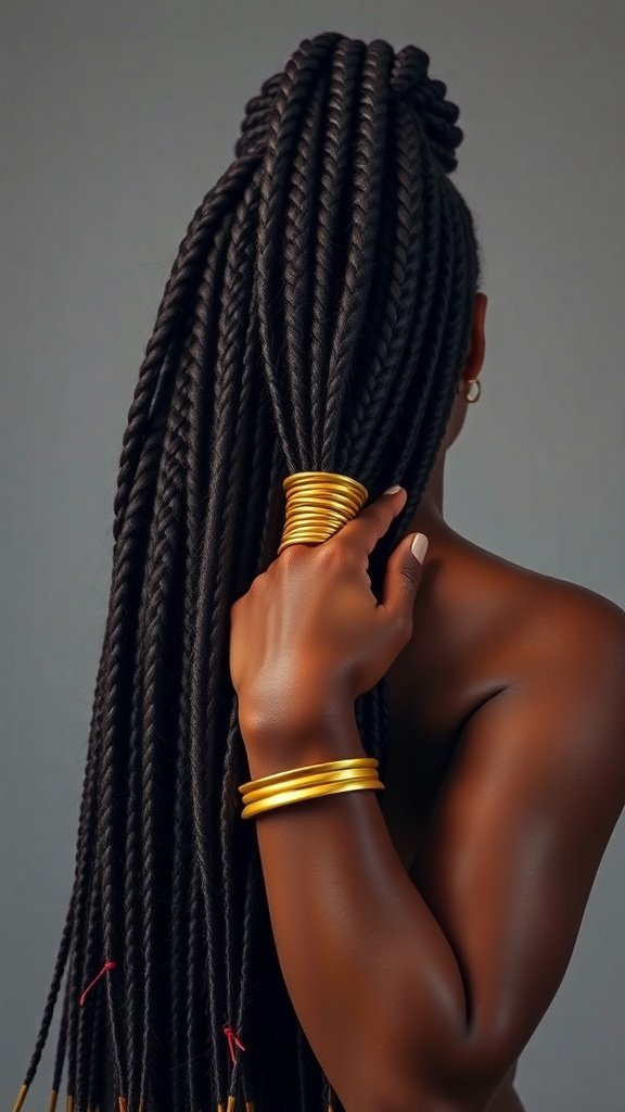 A woman with long knotless braids adorned with gold cuffs, showcasing a stylish and elegant hairstyle.