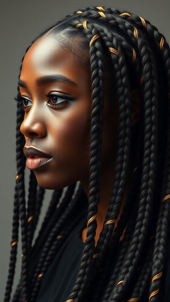 A close-up of a young woman with long knotless braids featuring gold thread woven throughout.