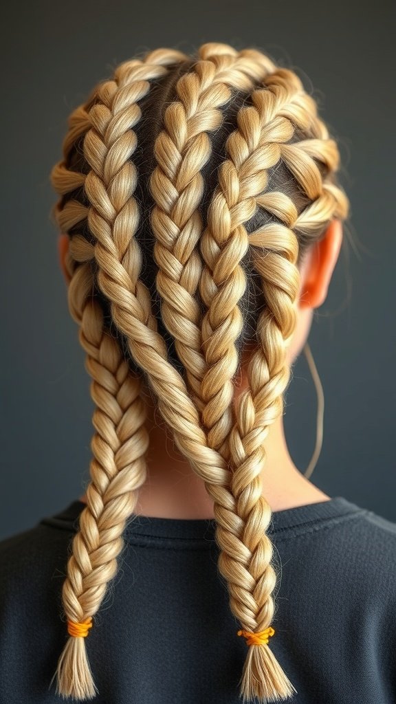 Blonde knotless braids styled with gold thread accents