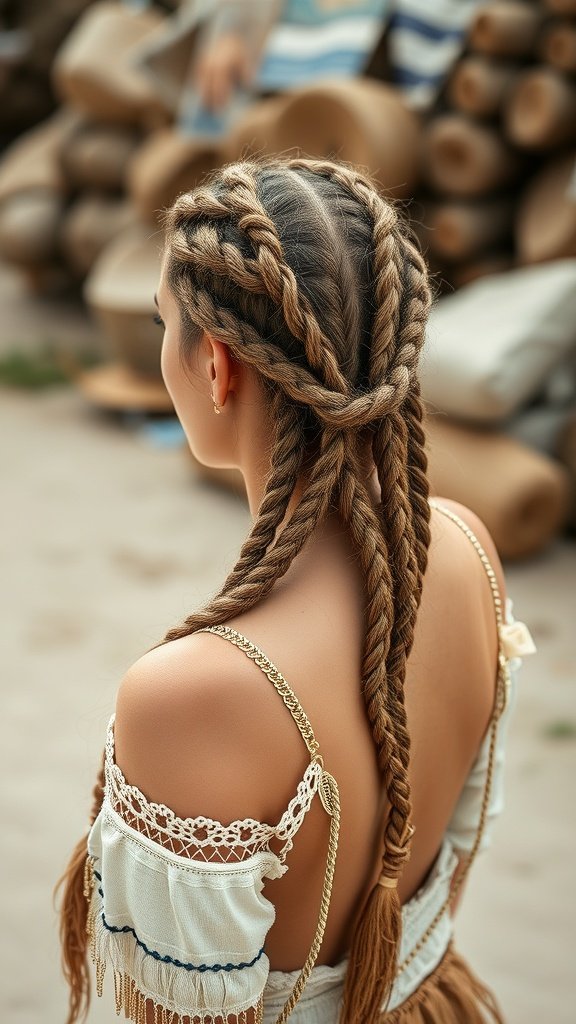 A woman with knotless braids styled with gold thread accents, showcasing a chic and elegant hairstyle.