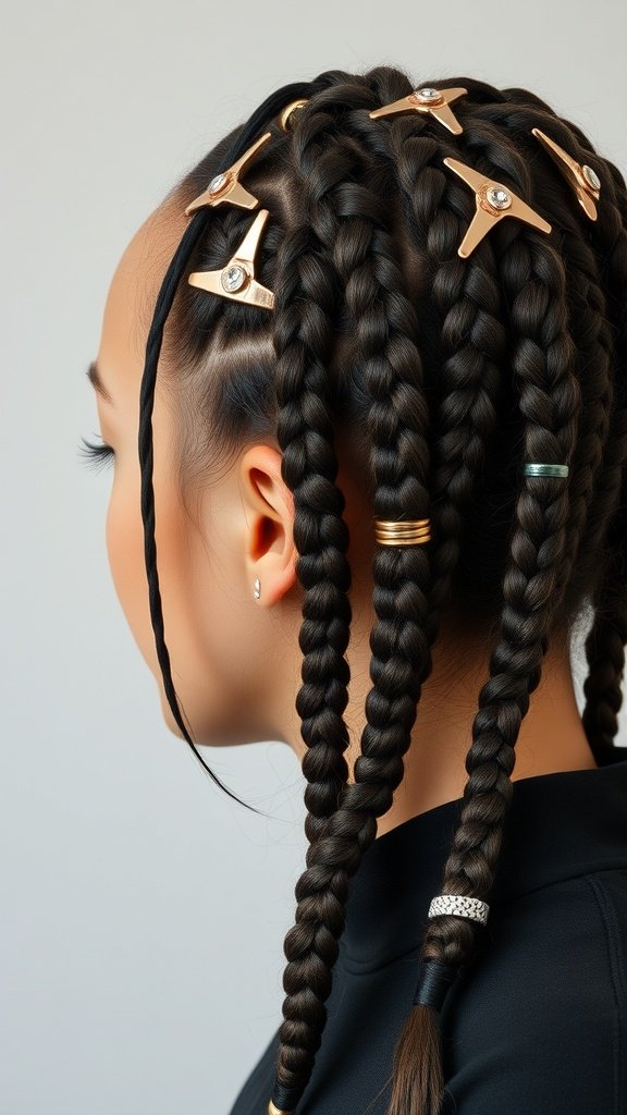 A close-up of knotless braids with hair accessories, featuring gold clips and colorful rings.