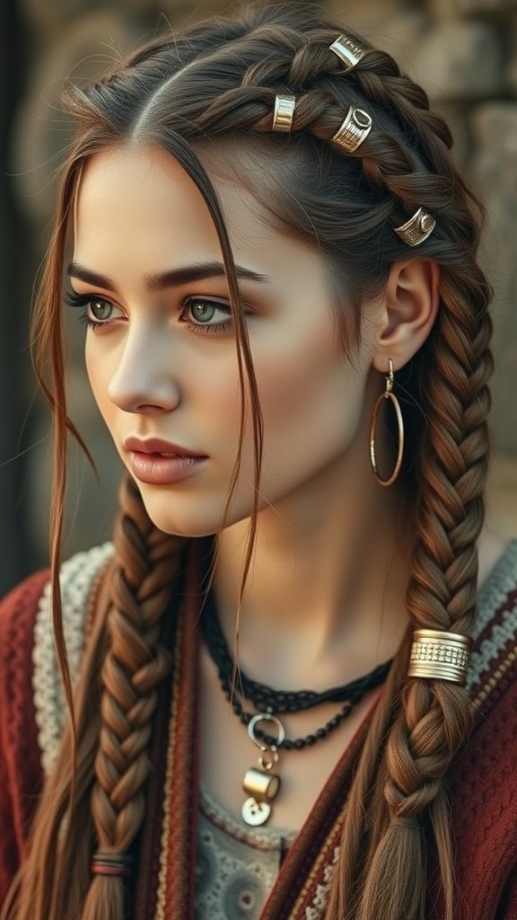 A close-up of a young woman with knotless braids adorned with hair rings, showcasing a stylish boho look.