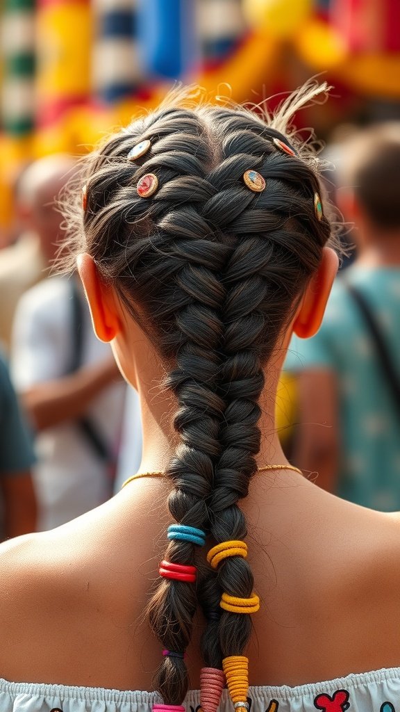 A close-up of a person's back showing large knotless braids decorated with colorful hair rings.