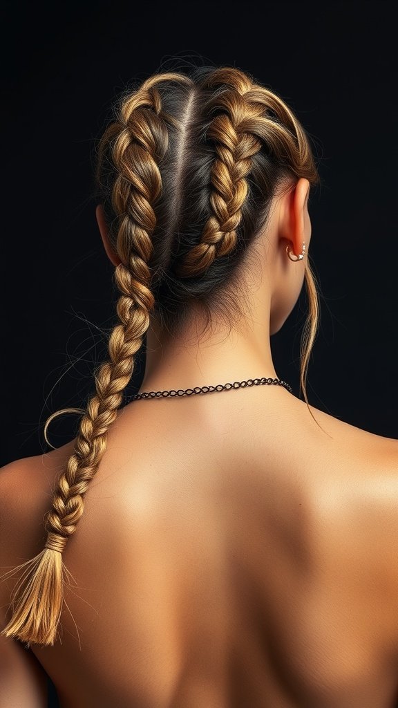 A close-up view of two knotless braids with highlights, showcasing a stylish and modern hairstyle.