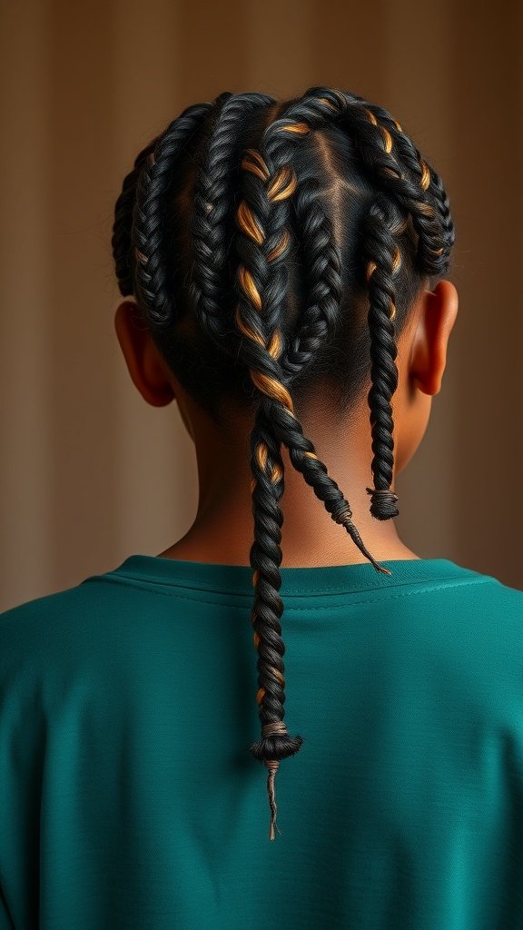 A close-up view of knotless box braids with highlights, showcasing a stylish and modern hairstyle.