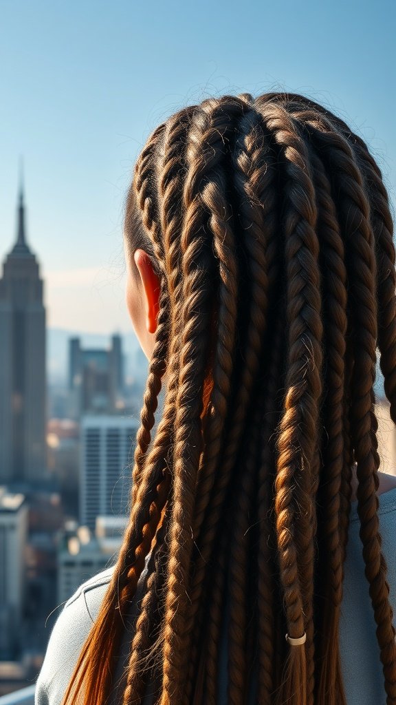 A woman with knotless braids featuring highlights, overlooking a city skyline.