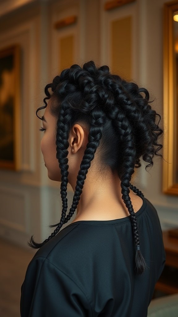 A woman with knotless braids styled with layered curly ends, showcasing a sleek and voluminous hairstyle.