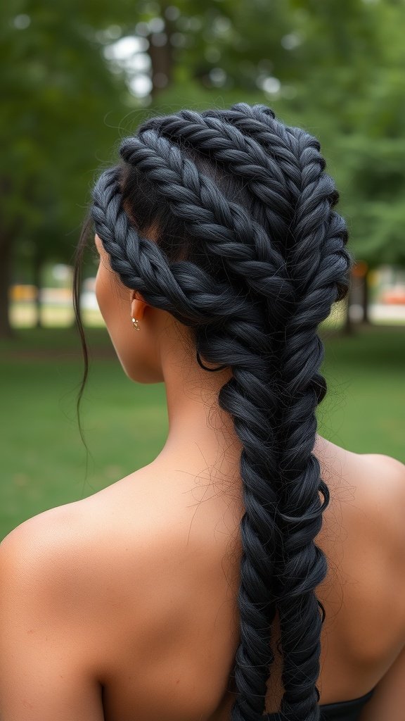 A woman with layered knotless braids styled elegantly, showcasing a natural look.