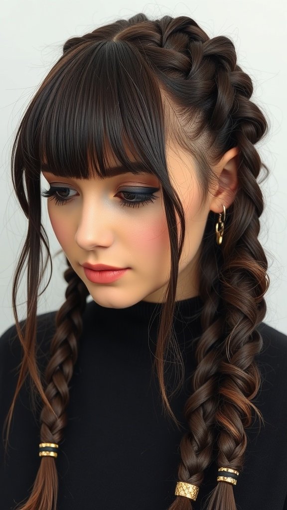 A close-up of a young woman with knotless braids and loose curls, featuring bangs.