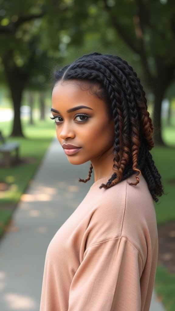 A woman with knotless braids featuring loose curly ends, standing outdoors.