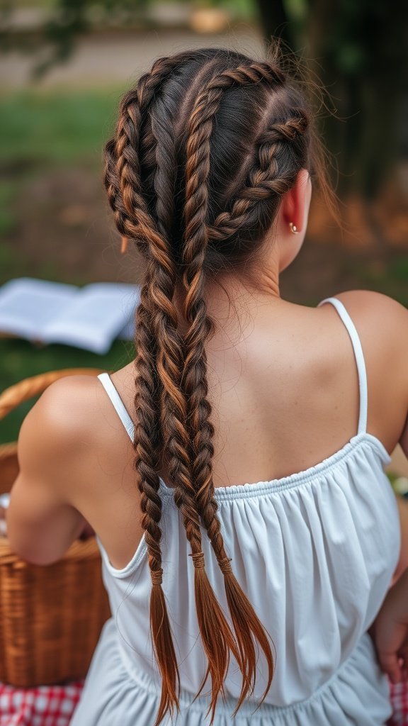 A woman with knotless braids featuring loose ends, styled casually.