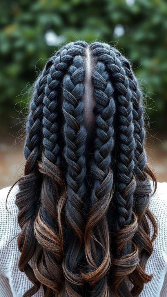 A close-up view of knotless braids transitioning into loose waves, showcasing a stylish and protective hairstyle.