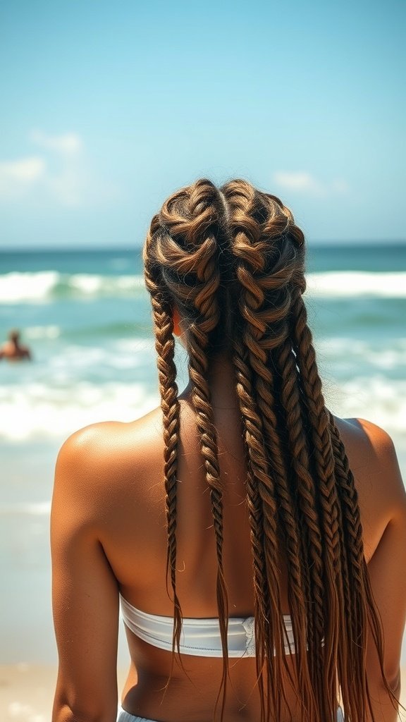 A woman with knotless braids and loose waves standing by the beach.