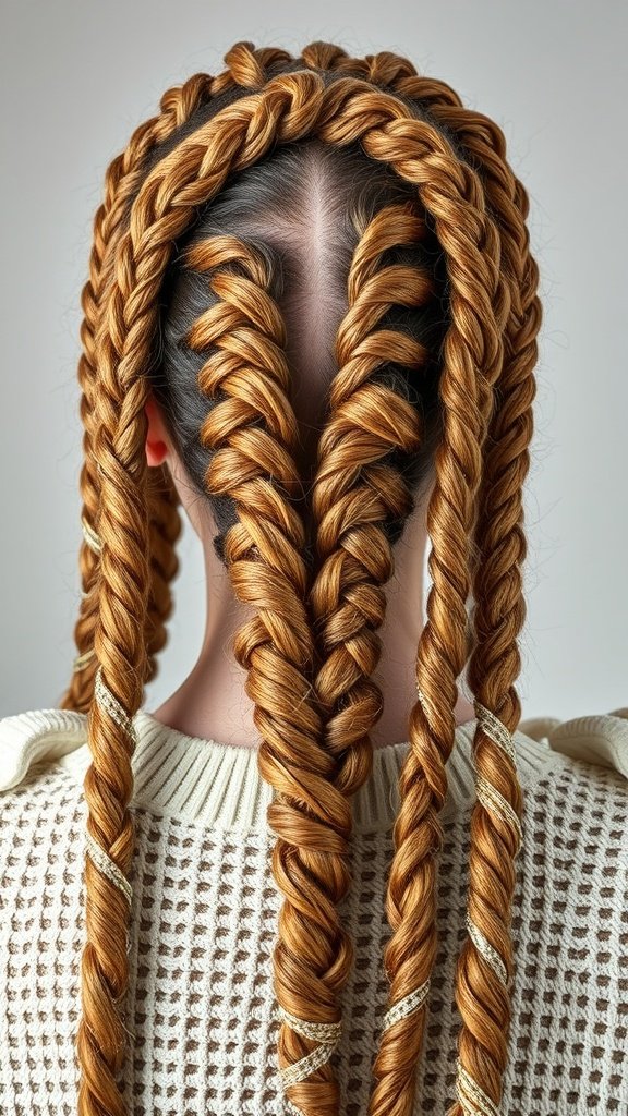 A close-up of knotless braids with metallic thread, showcasing a unique and stylish hairstyle.