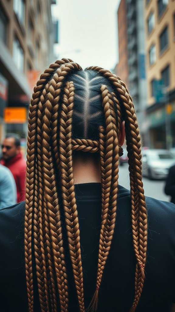 A person with long knotless braids enhanced with metallic thread, showcasing a stylish and unique hairstyle.