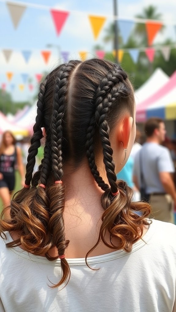 A person with knotless braids and curly ends, showcasing a stylish hairstyle at a festival.