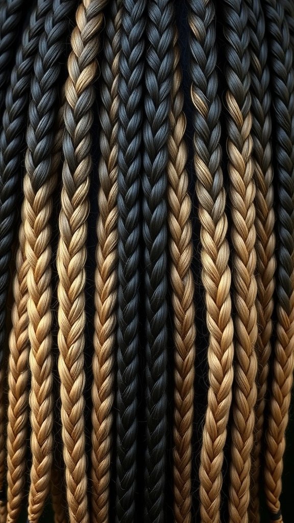 An array of knotless braids showcasing a beautiful ombre color transition from dark to light shades.