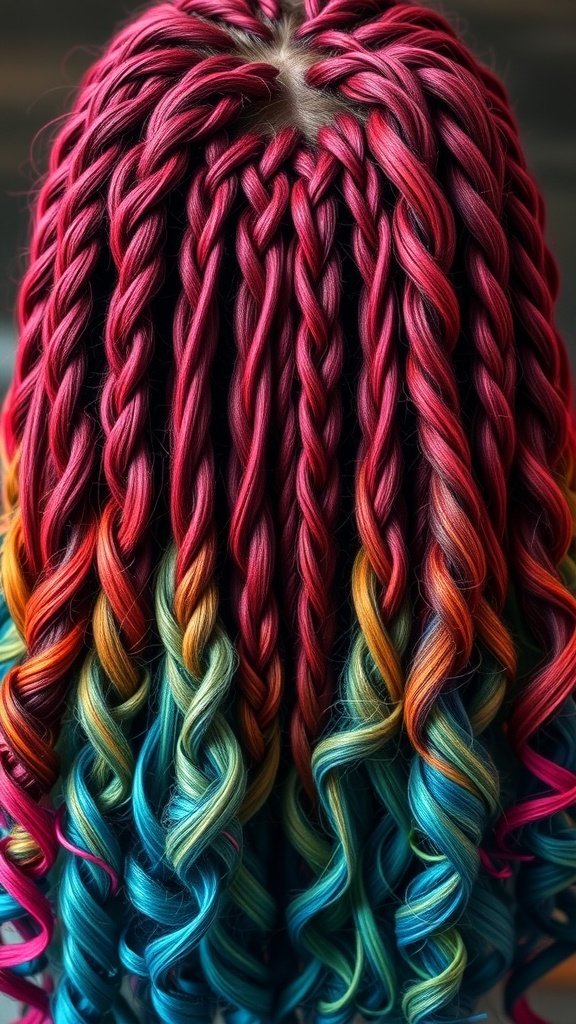 A close-up view of knotless braids with ombre curly ends, showcasing vibrant colors from red to blue.