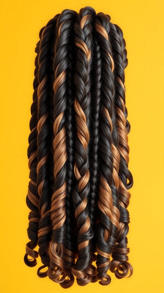 Knotless braids with ombre curly tips displayed against a yellow background